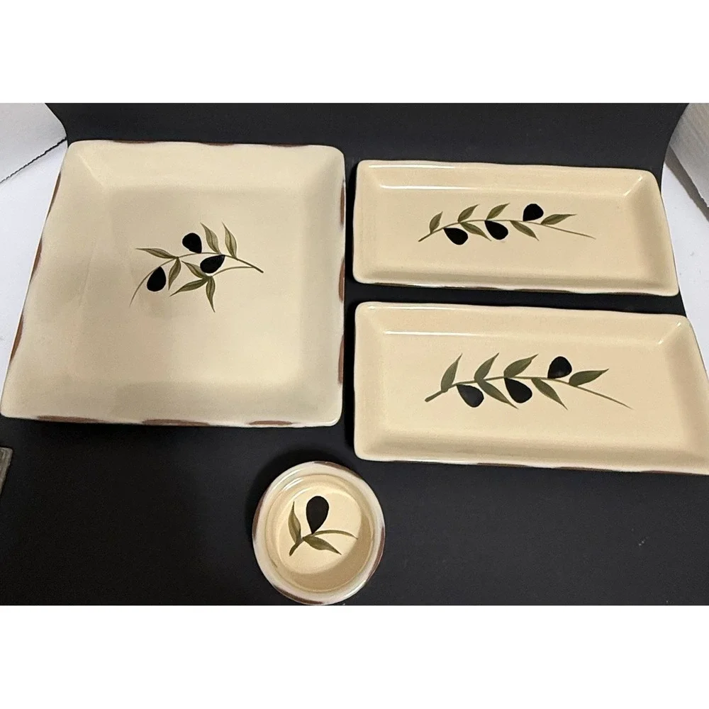 Baum‎ Bros Olivera 4 Pc Serving Set Olive Branch Tuscan Platter Trays Ramekin